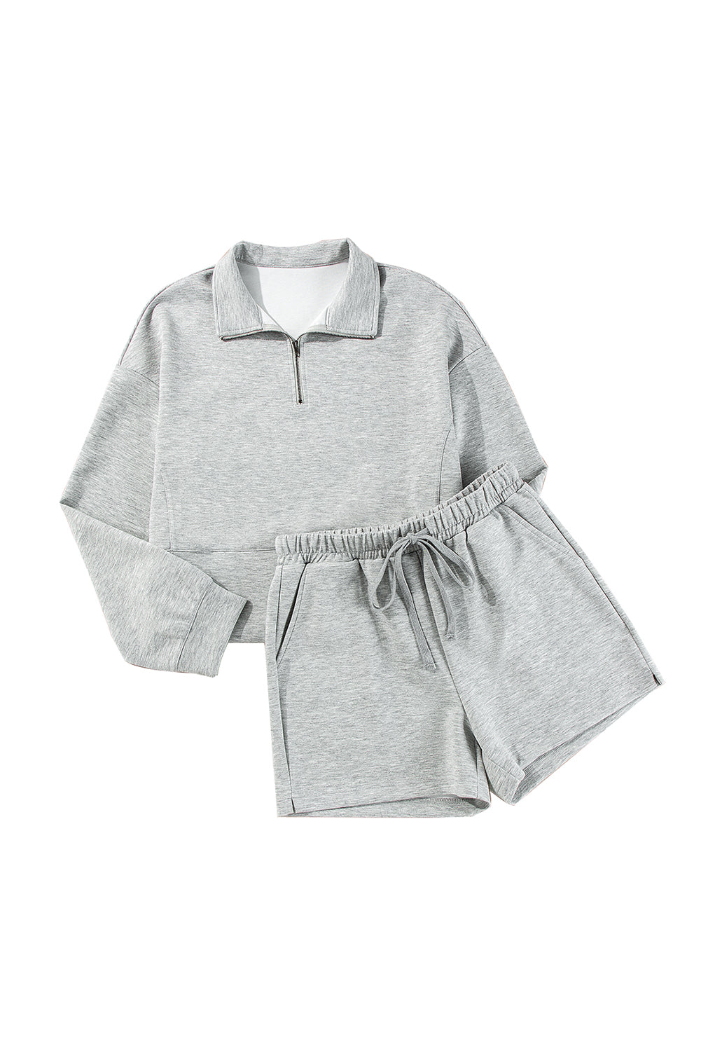 Stand Neck Zipped Sweatshirt And Shorts Set | Light Grey