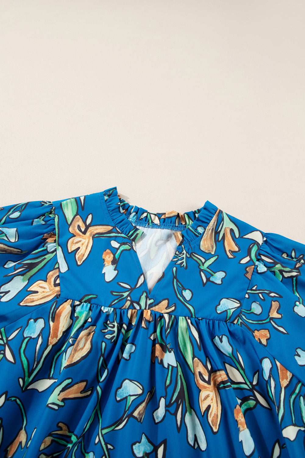 Floral Notched V Neck Half Sleeve Plus Size Blouse | Blue