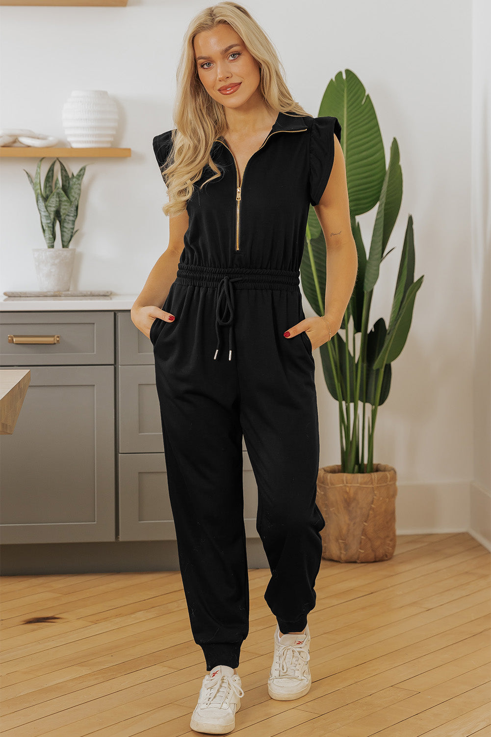 Zipper Flutter Sleeve Drawstring High Waist Jumpsuit | Black