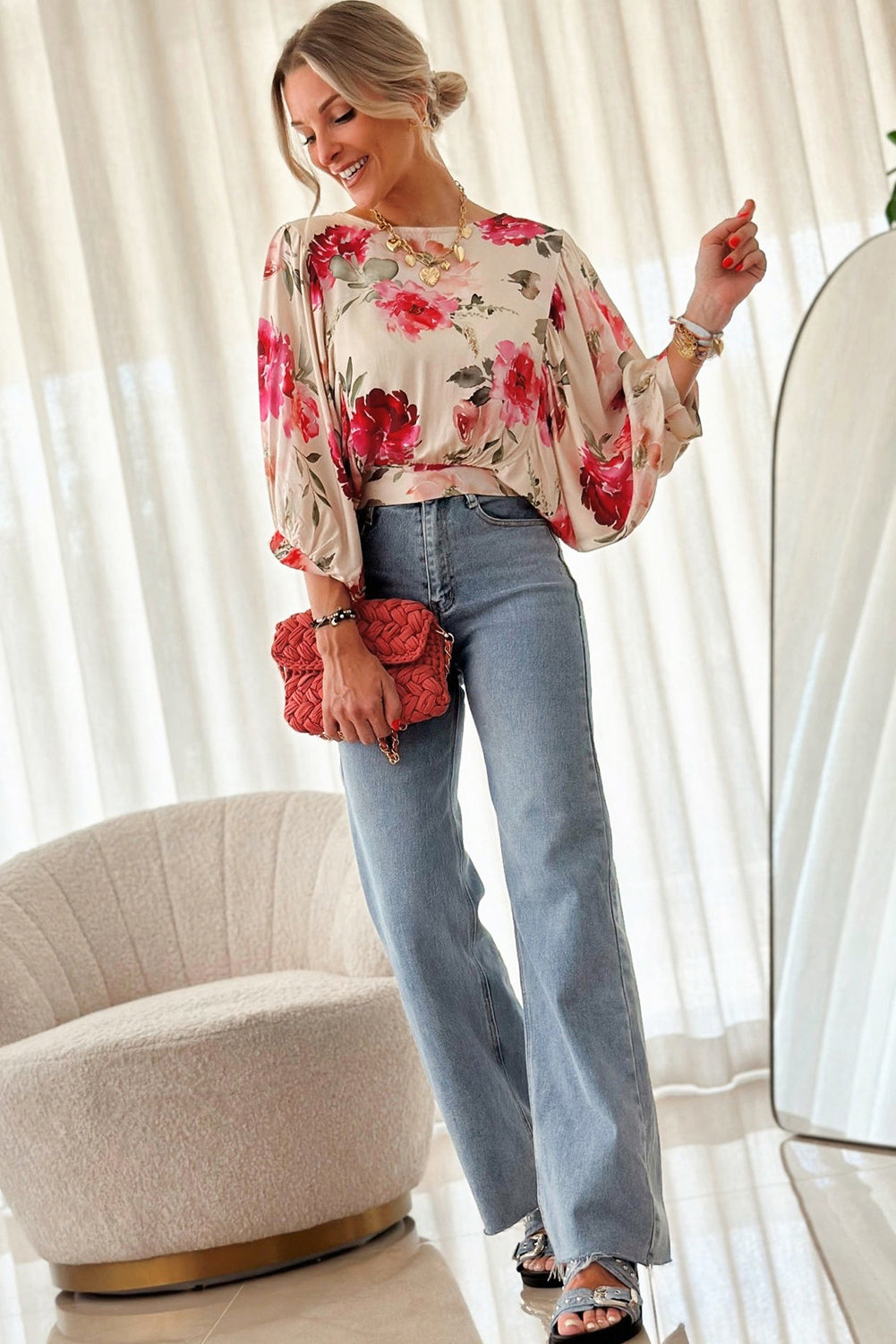 Floral 3/4 Sleeve Lace-Up Back Blouse | Rose