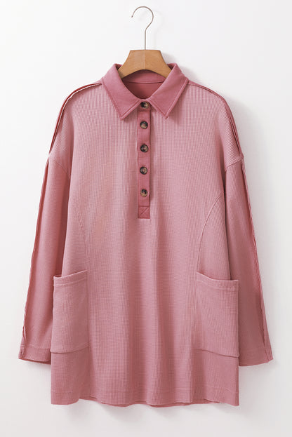 Waffle Long Sleeve Collar Half Button Loose Top | Pink