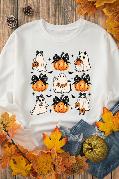 Halloween Ghost Pumpkin Print Crew Neck Sweatshirt | Beige