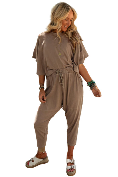 High Low Boxy Fit Tee And Crop Pants Set | Simply Taupe