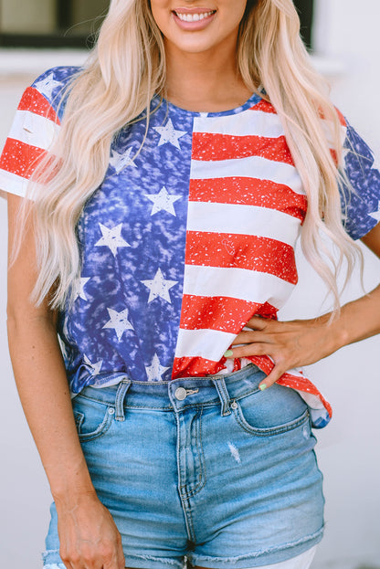 American Flag Print Distressed Crew Neck T Shirt | Stripe