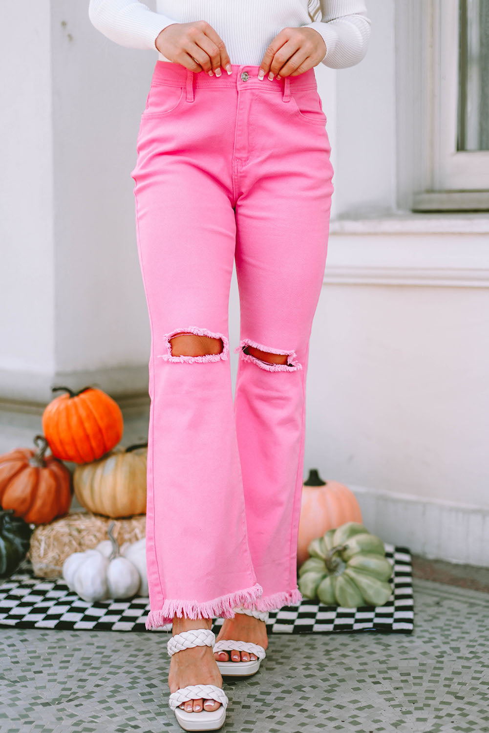 Vintage High Waist Flare Leg Ripped Raw Hem Jeans | Pink