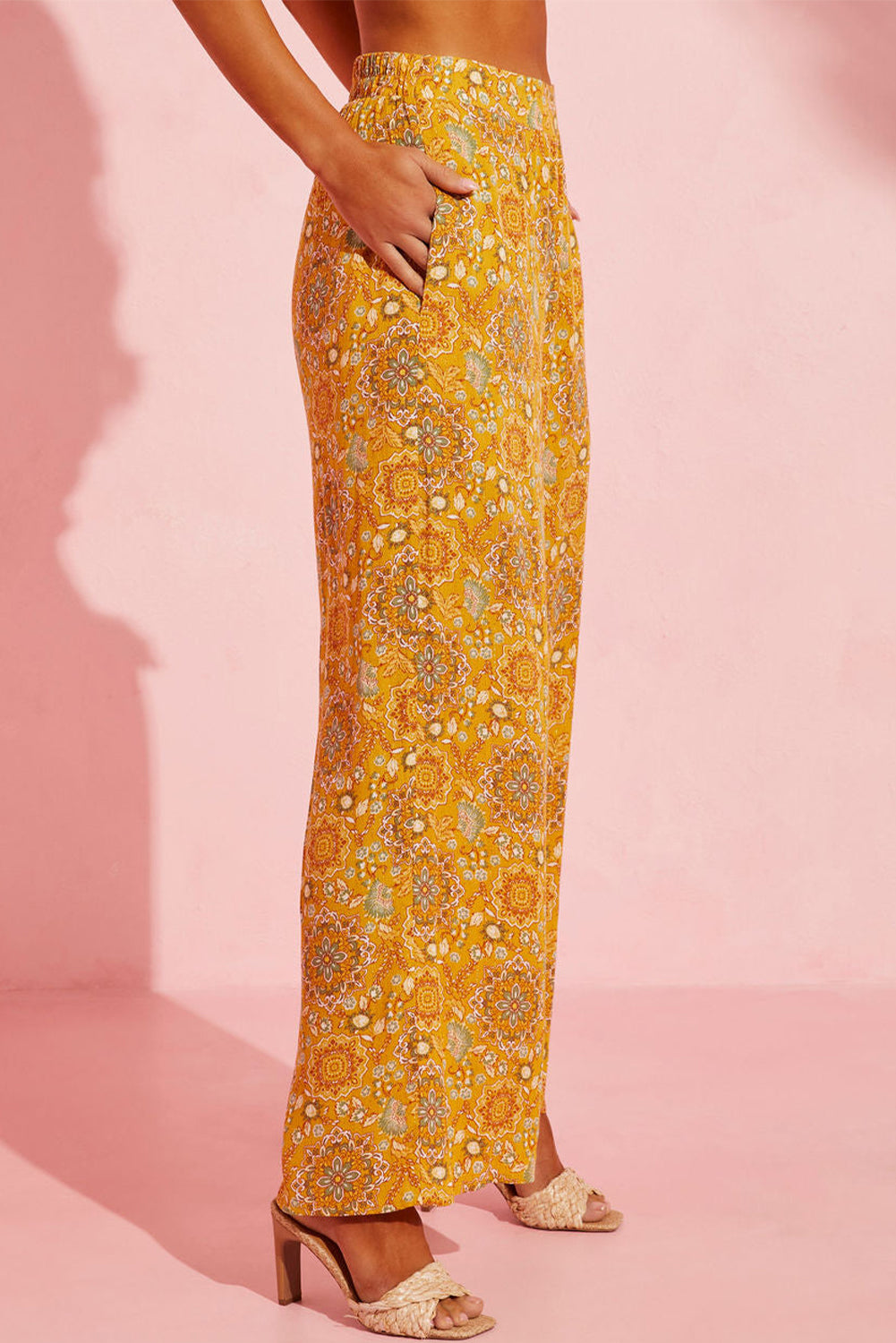 Bohemian Floral Print Pocketed Wide Leg Pants | Yellow