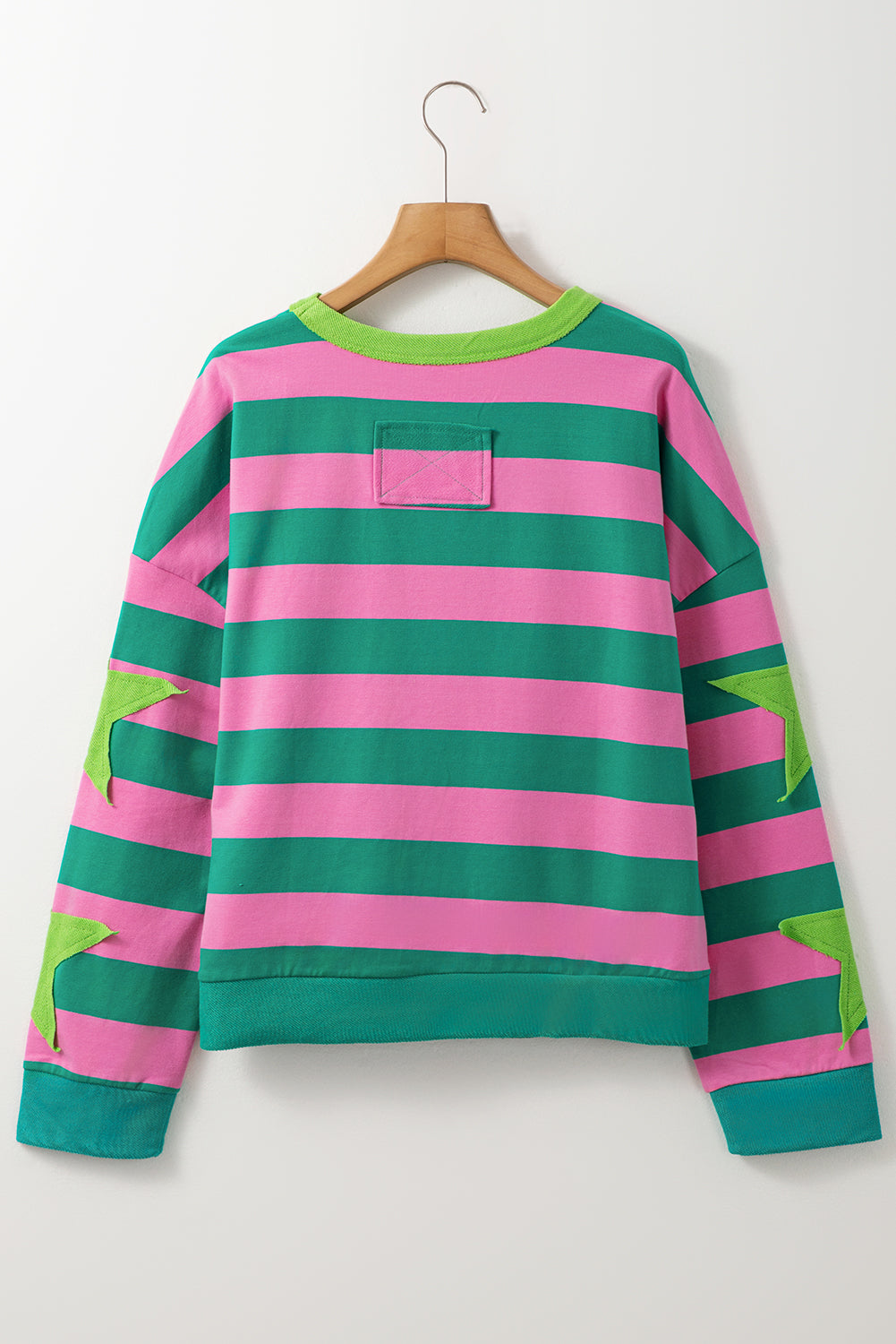 Star Patchwork Round Neck Pullover Sweatshirt | Pink Stripe