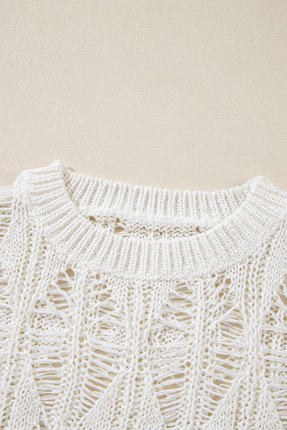 Cut Out Crochet Crew Neck Loose Fit Sweater | White