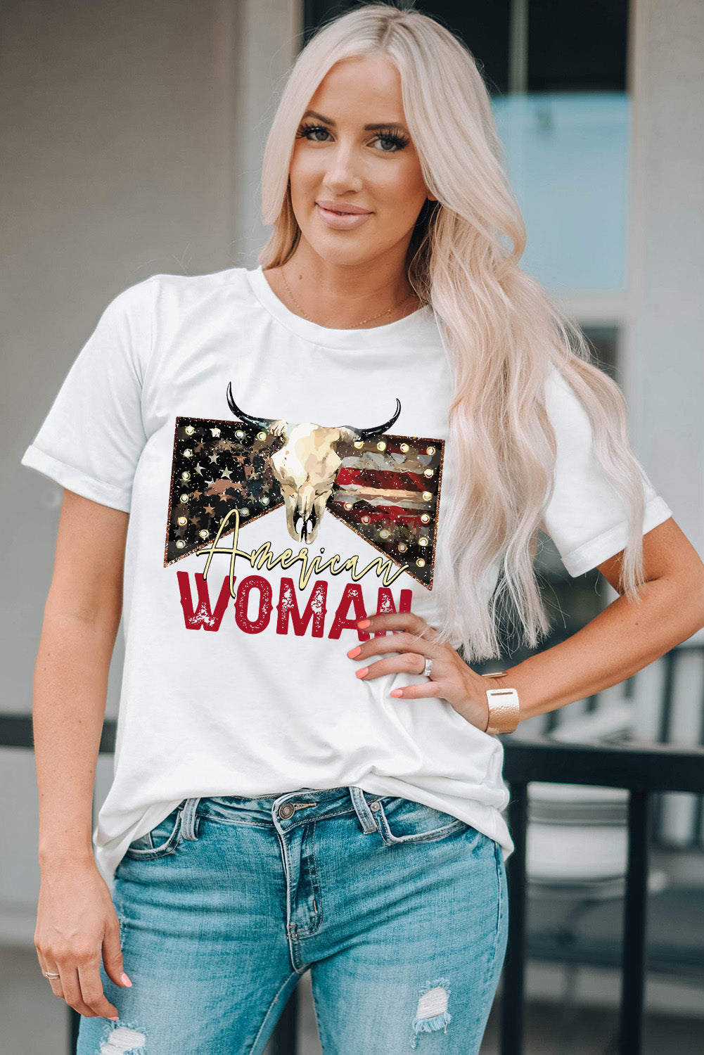 American Woman Bull Skull Graphic T Shirt | White