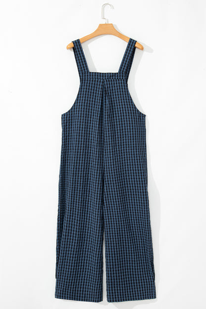 Plaid Print Buttoned Pocketed High Waist Overall | Sail Blue