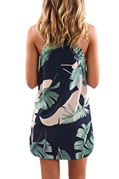 Palm Tree Leaf Print Navy Sleeveless Dress | as shown