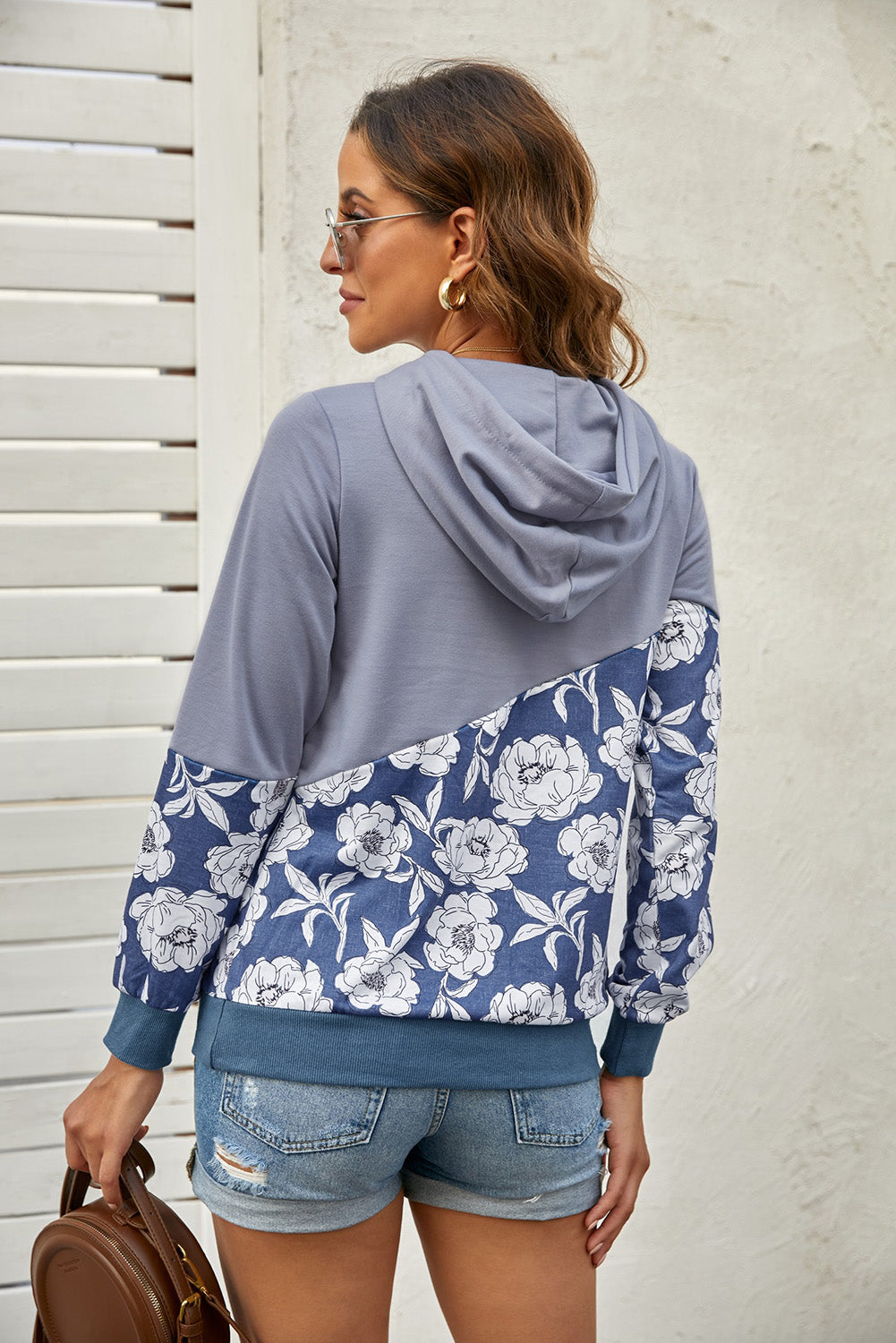 Floral Splicing Cowl Neck Hoodie | Gray