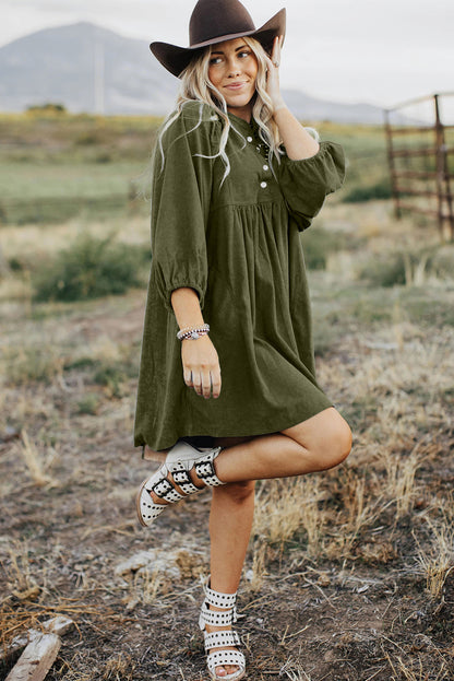 Corduroy Snap Buttons Empire Waist Bracelet Sleeve Dress | Vineyard Green