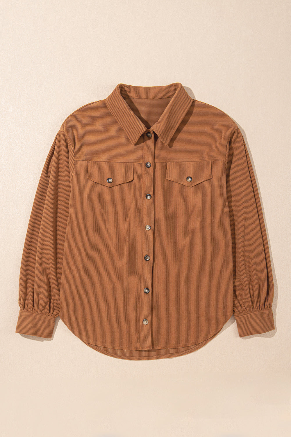 Corduroy Flap Pocket Button Up Round Hem Shacket | Cinnamon