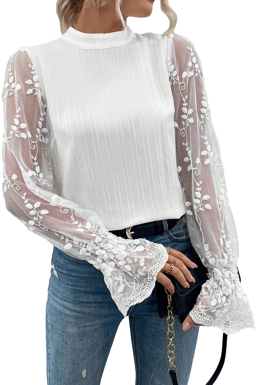 Contrast Lace Sleeve Mock Neck Textured Blouse | White