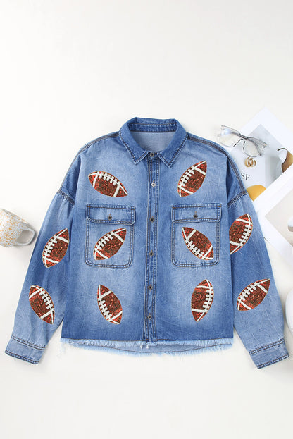 Sequin Rugby Football Graphic Flap Pockets Raw Hem Game Day Denim Jacket | Sky Blue