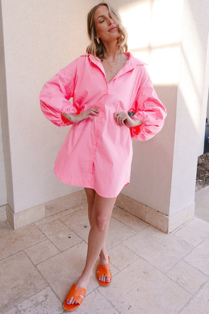 Balloon Sleeve Button Up Mini Shirt Dress | Bright Pink