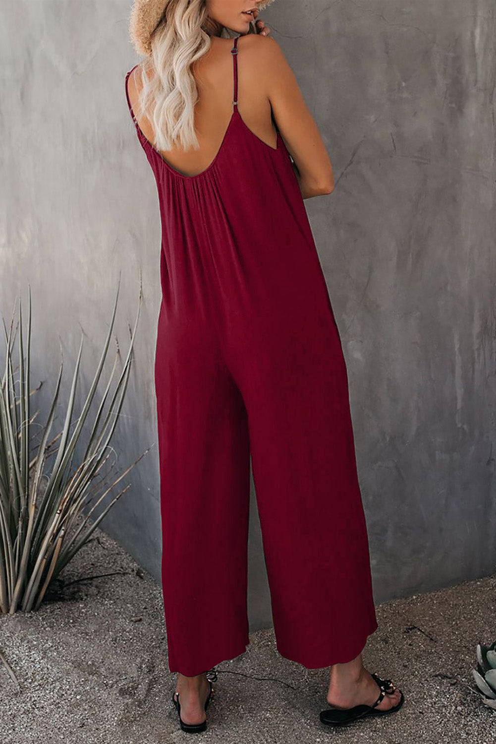 Fiery  Spaghetti Straps Wide Leg Pocketed Jumpsuits | Red