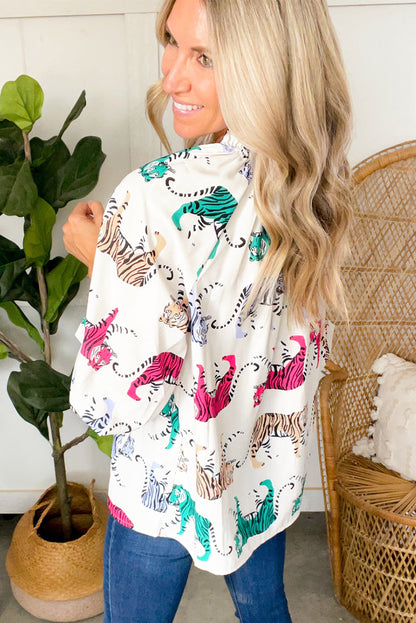 Colourful Tiger Print Ruffled Lantern Sleeve Blouse | White