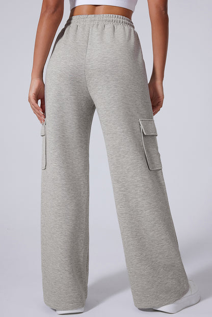 Multi Pockets Lace-Up High Waist Wide Leg Workout Pants | Light Grey