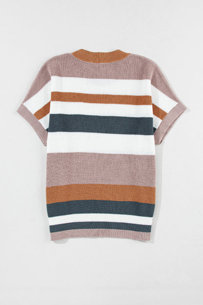 Striped Knit Crew Neck T Shirt Sweater | Camel