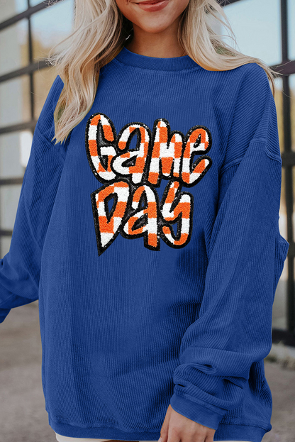 Chenille Checkered Game Day Graphic Drop Shoulder Corded Sweatshirt | Dark Blue