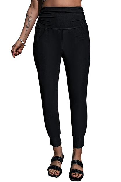 High Waist Pleated Pocket Leggings | Black