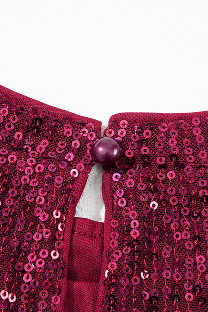 Glittering Sequin Short Bubble Sleeve Blouse | Burgundy