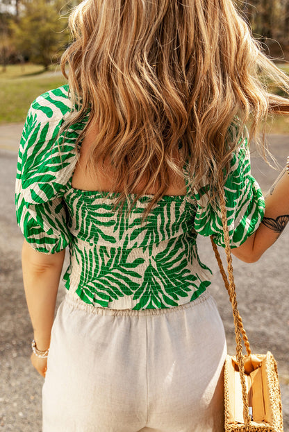 Tropical Leaf Print Smocked Crop Top | Dark Green