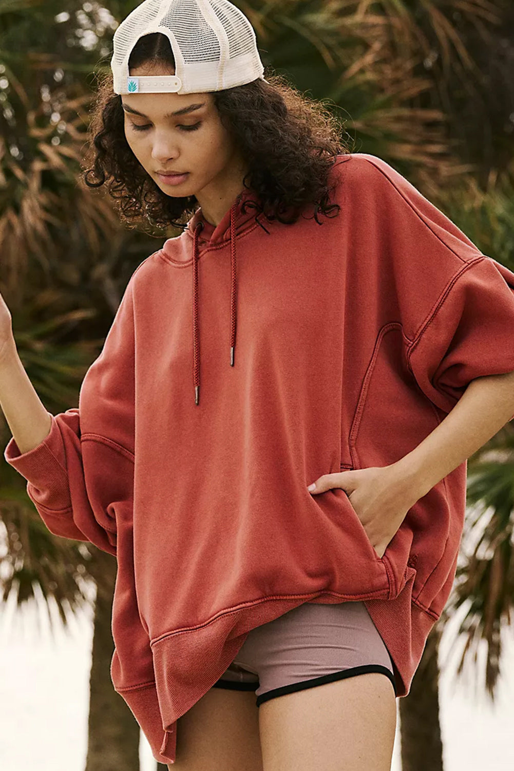 Drop Shoulder Pocketed Baggy Drawstring Hoodie | Red Clay