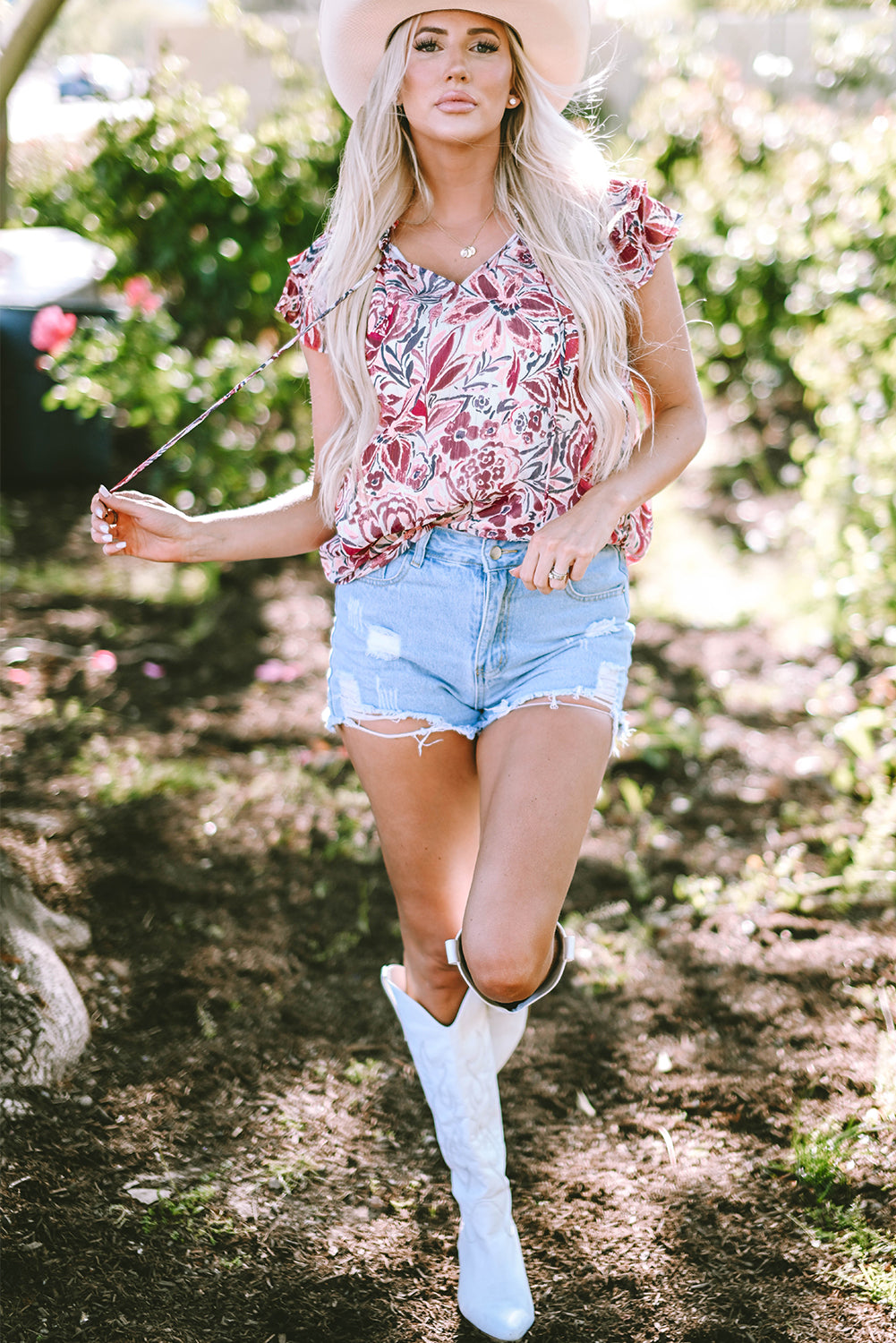 Floral Ruffled Short Sleeve V Neck Blouse | White