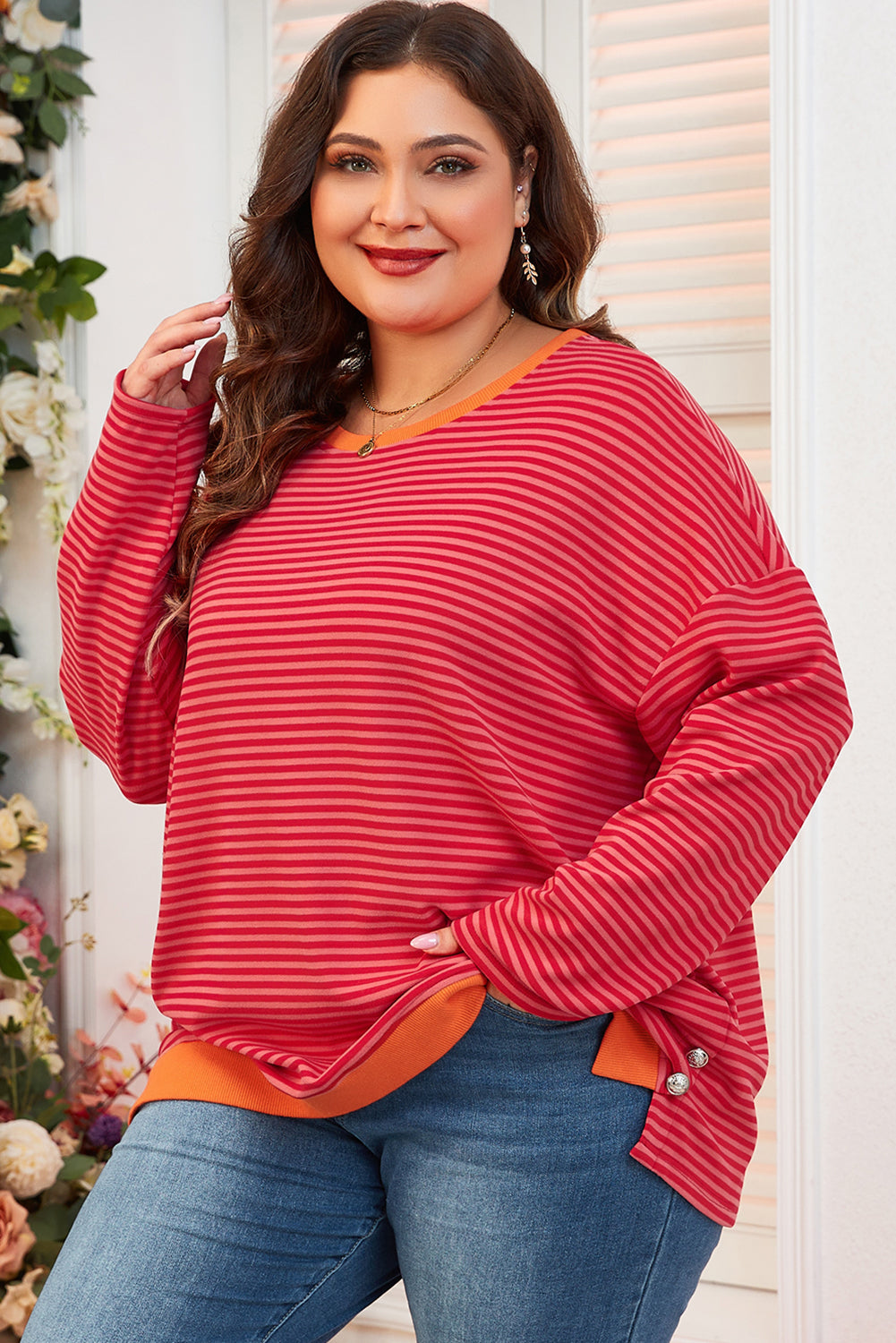 Plus Size Drop Shoulder Long Sleeve Buttoned Decor Top | Orange Stripe