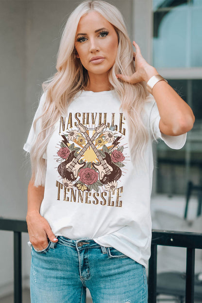 Nashville Tennessee Guitar Rose Graphic Crewneck Tee | White