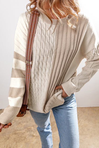 Cable Knit Colourblock Crew Neck Drop Shoulder Sweater | Khaki