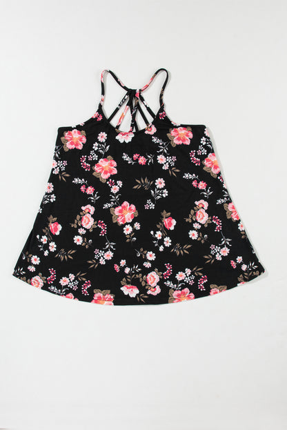 Floral Spaghetti Straps Strappy Back Tank Top | Black