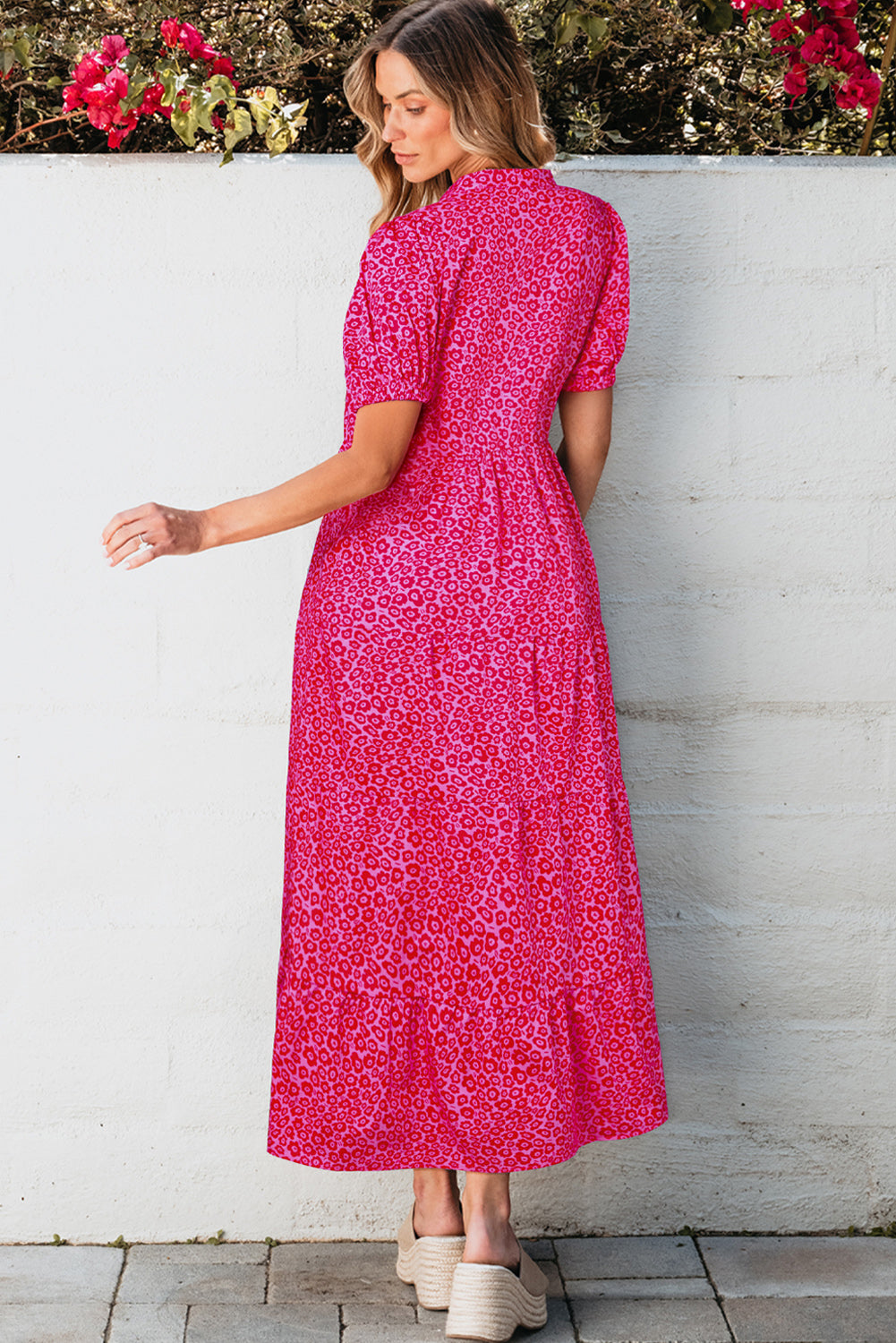 Flower Mock Neck Puff Sleeve Tiered Maxi Dress | Rose Red