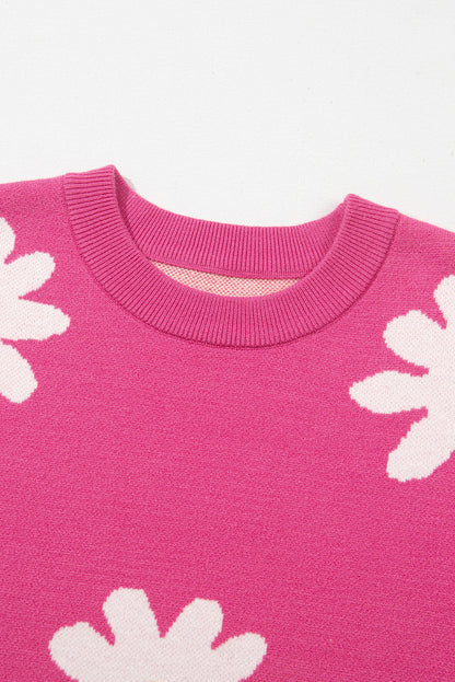 Daisy Flower Crew Neck Long Sleeve Sweater | Bright Pink