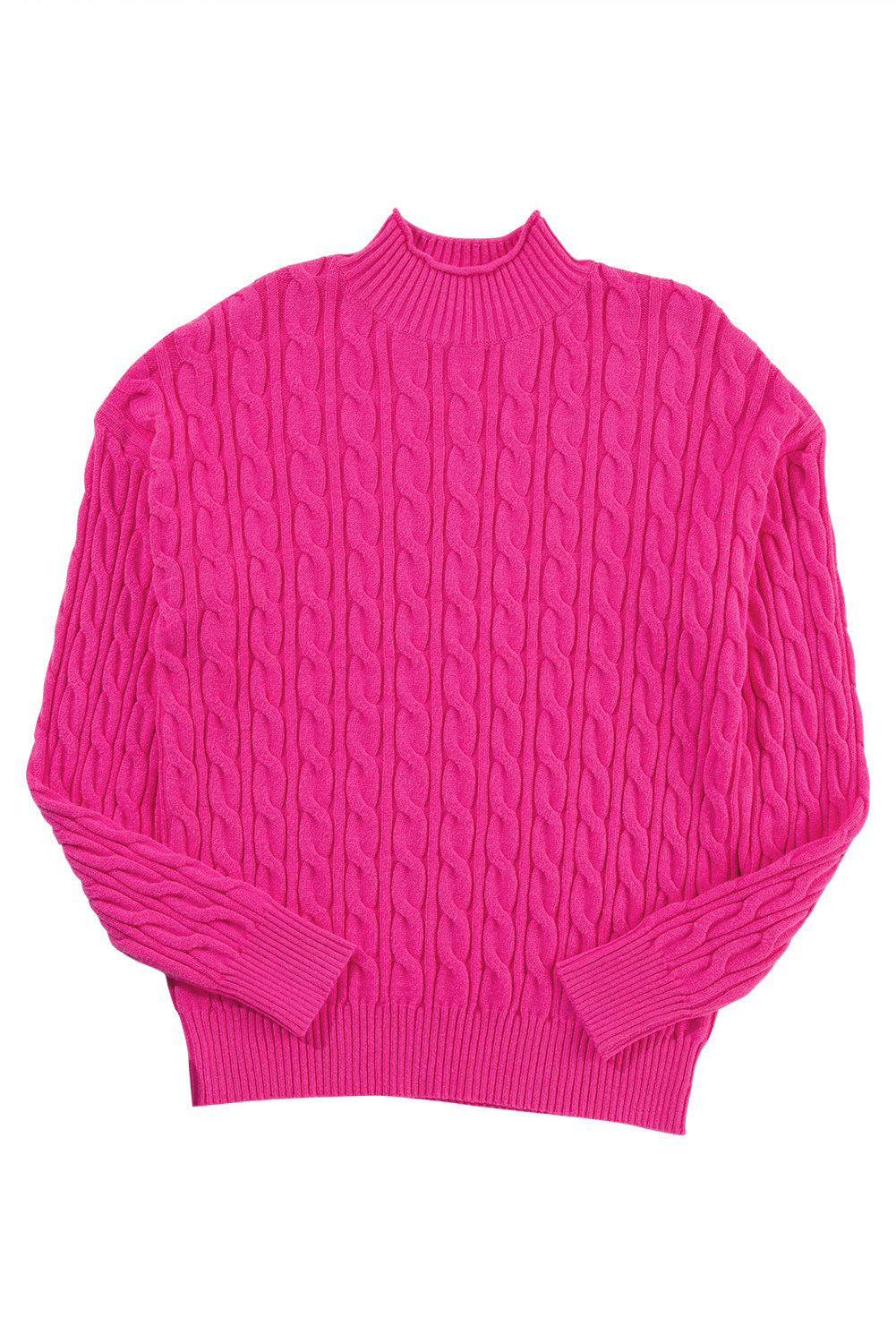 Solid Cable Knit High Neck Drop Shoulder Sweater | Rose Red