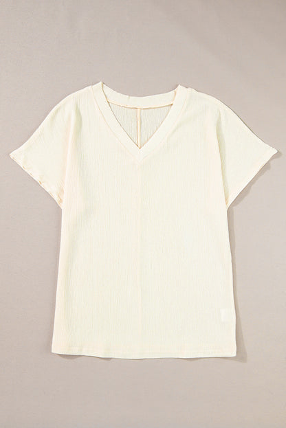 Crinkled V Neck Wide Sleeve T-Shirt | Apricot