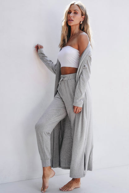 Split Long Cardigan And Skinny Pants Lounge Set | Light Grey