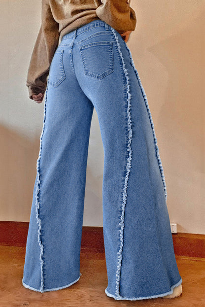 Vintage Stitching Raw Hem Flared Jeans | Beau Blue