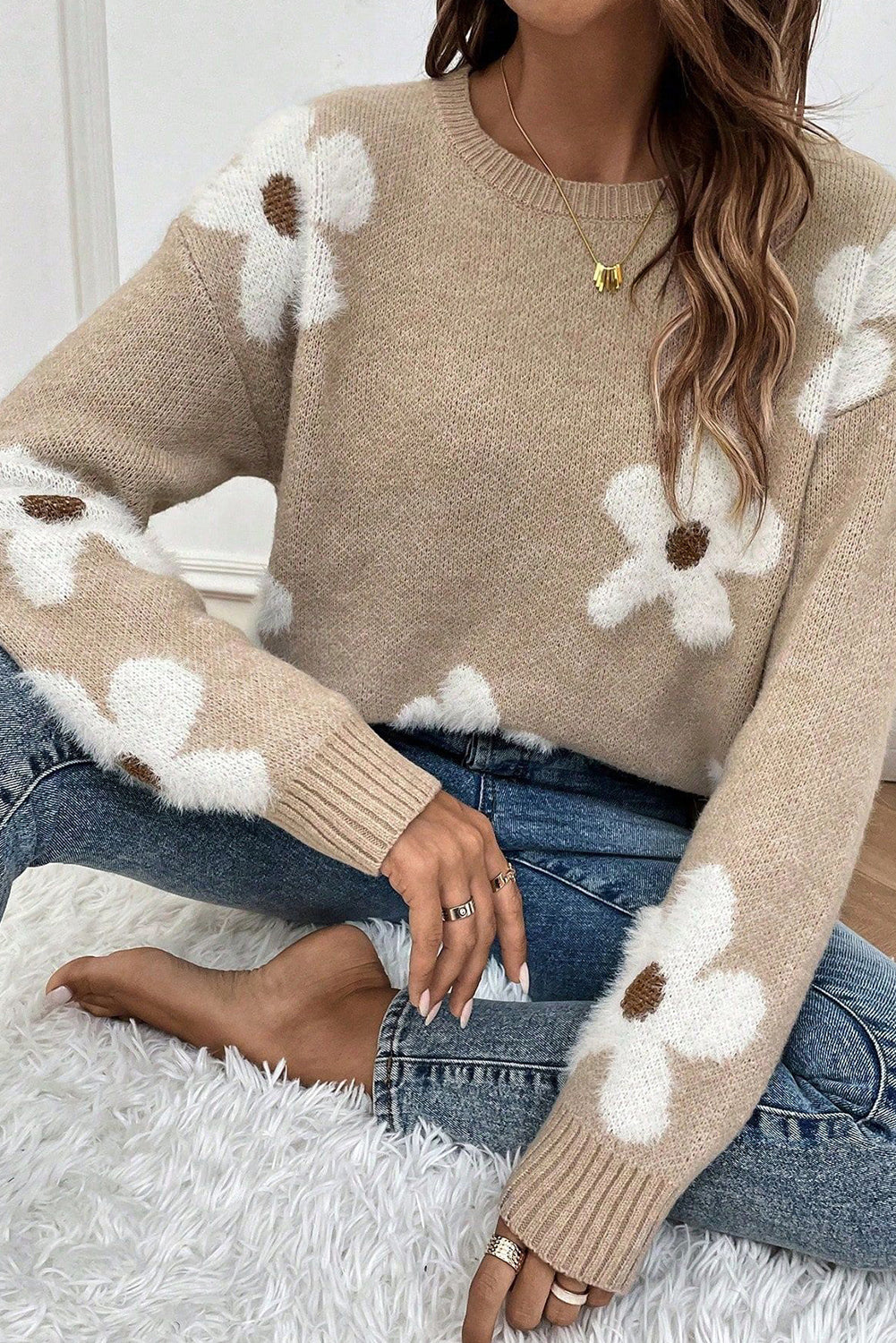 Flower Pattern Ribbed Trim Crew Neck Sweater | Parchment