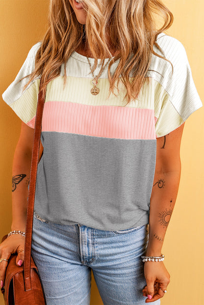 Ribbed Colour Block Patchwork T-Shirt | Gray