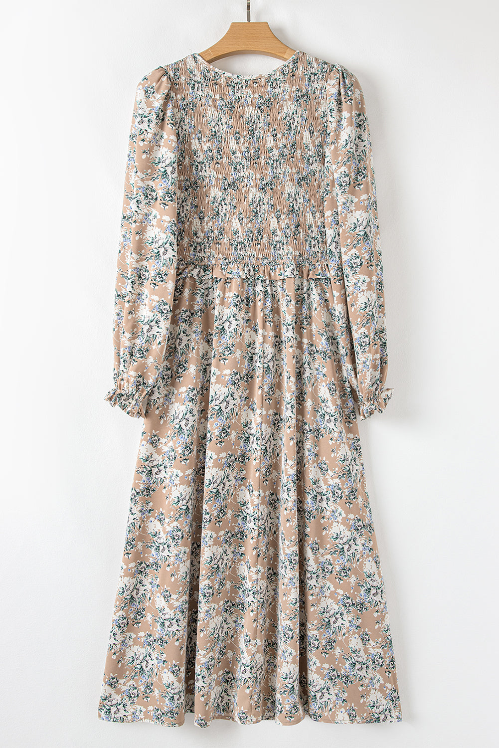 Maple Grove Floral Smocked Puff Sleeve Long Dress | Khaki