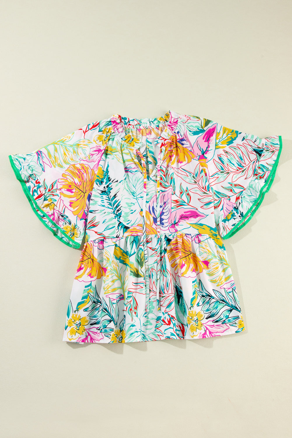 Tropical Floral Print Ruffled Short Sleeve Blouse | White