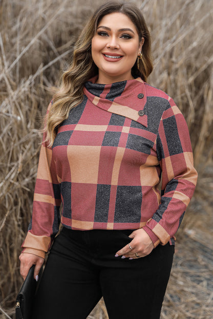 Plus Size Plaid Print Button Decor Asymmetric Neck Top | Mineral Red