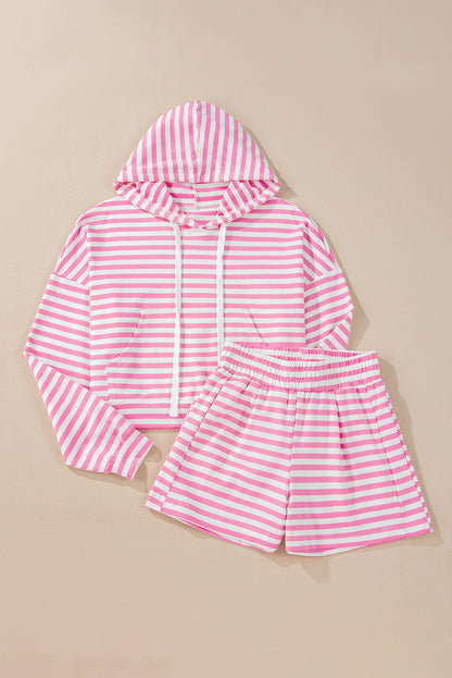 Kangaroo Pocket Hoodie And Wide Leg Shorts Set | Pink Stripe