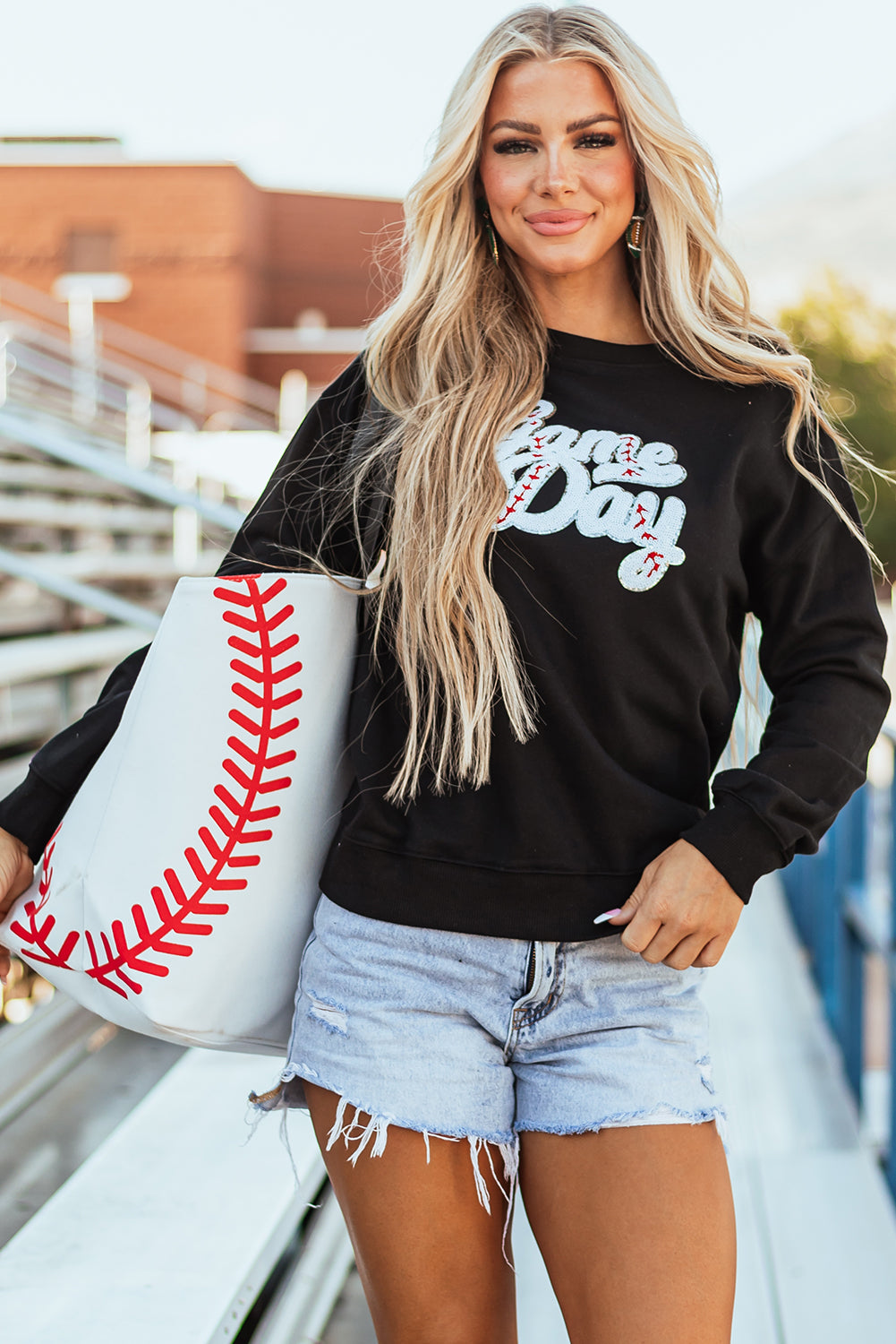 Sequined Game Day Graphic Crew Neck Sweatshirt | Black