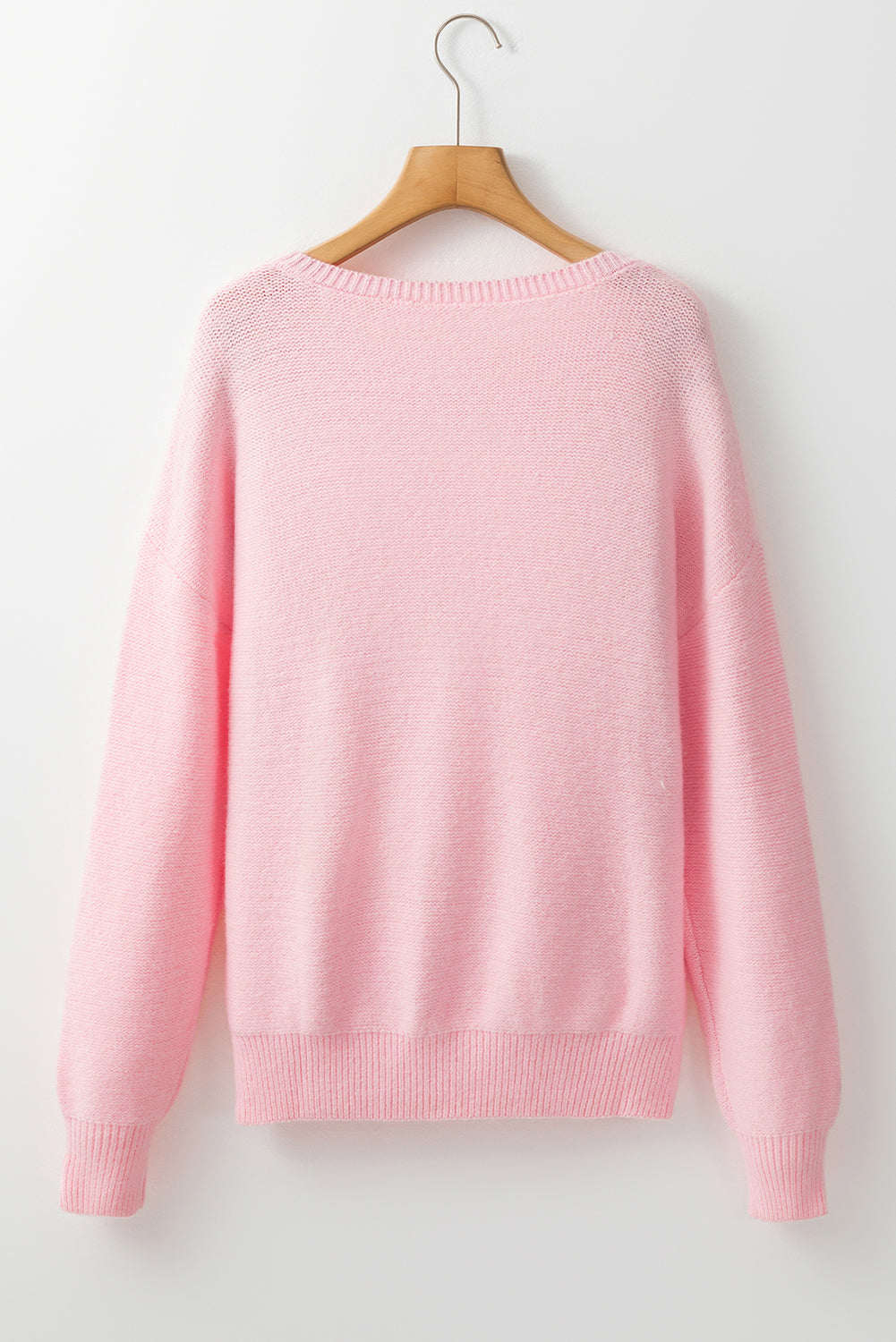 Knitted Flower Pattern Ribbed Edge Sweater | Pink