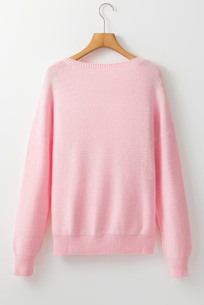 Knitted Flower Pattern Ribbed Edge Sweater | Pink